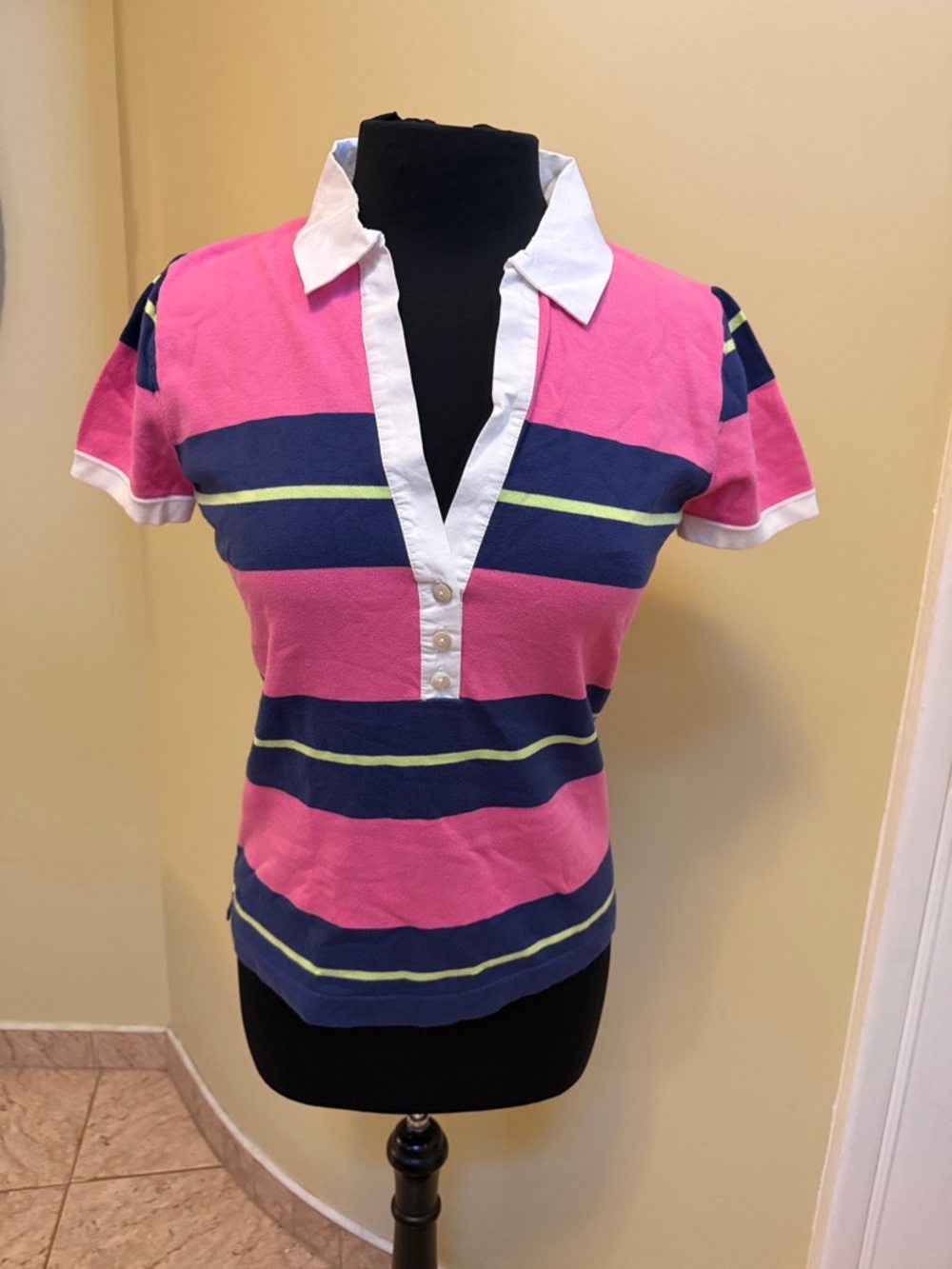 New Lilly Pulitzer lWomen’s Pink Stripe Polo Crop Top with White Collar M